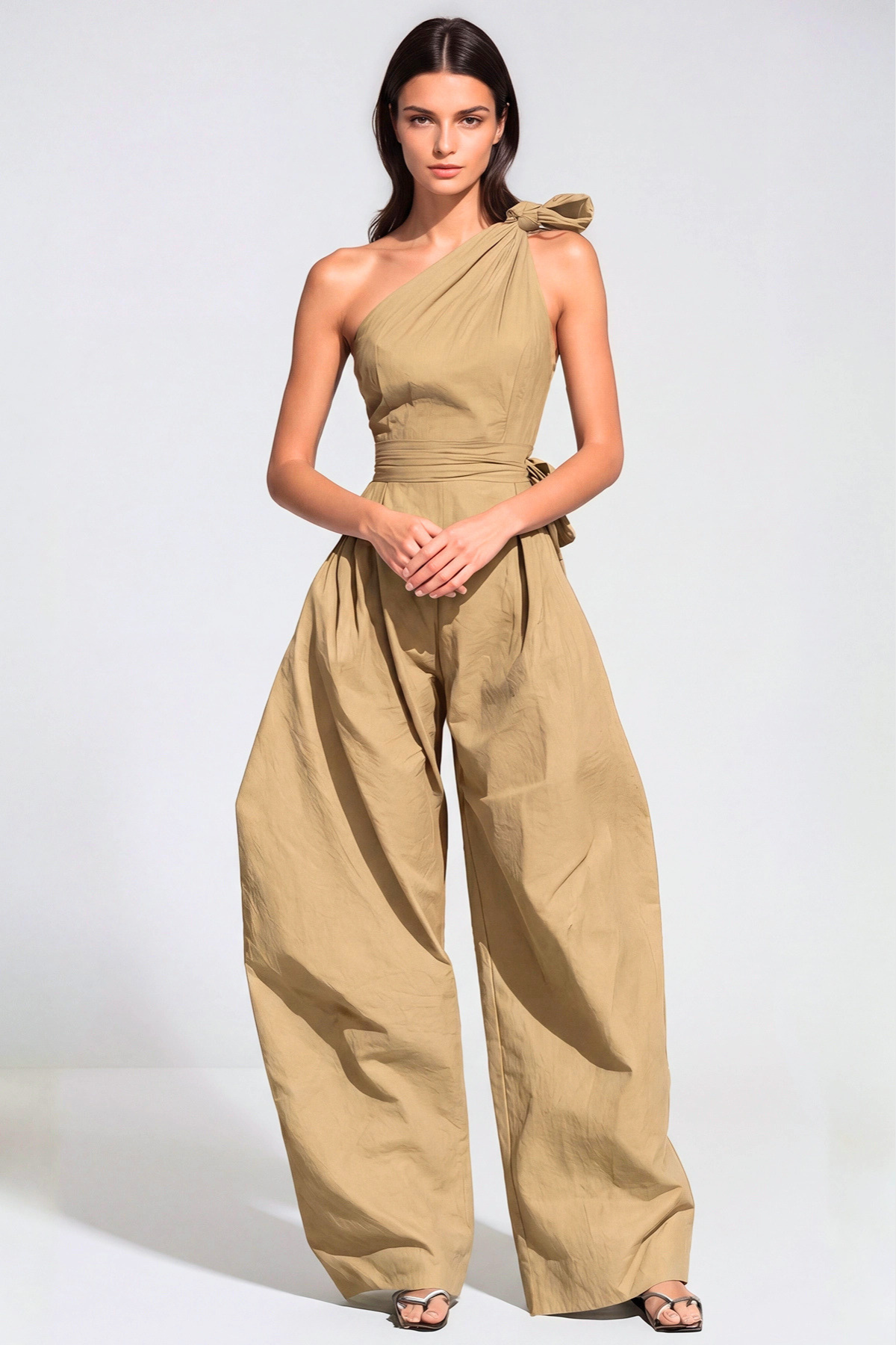 Rashana One Shoulder Twist Baggy Jumpsuit - Khaki