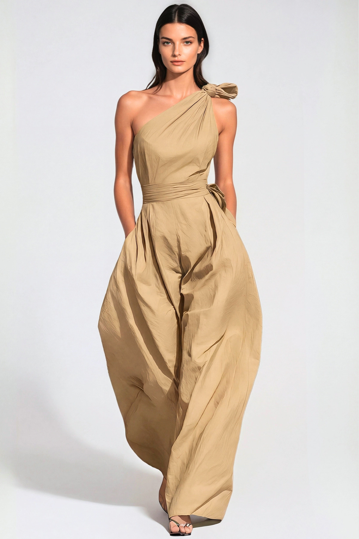 Rashana One Shoulder Twist Baggy Jumpsuit - Khaki