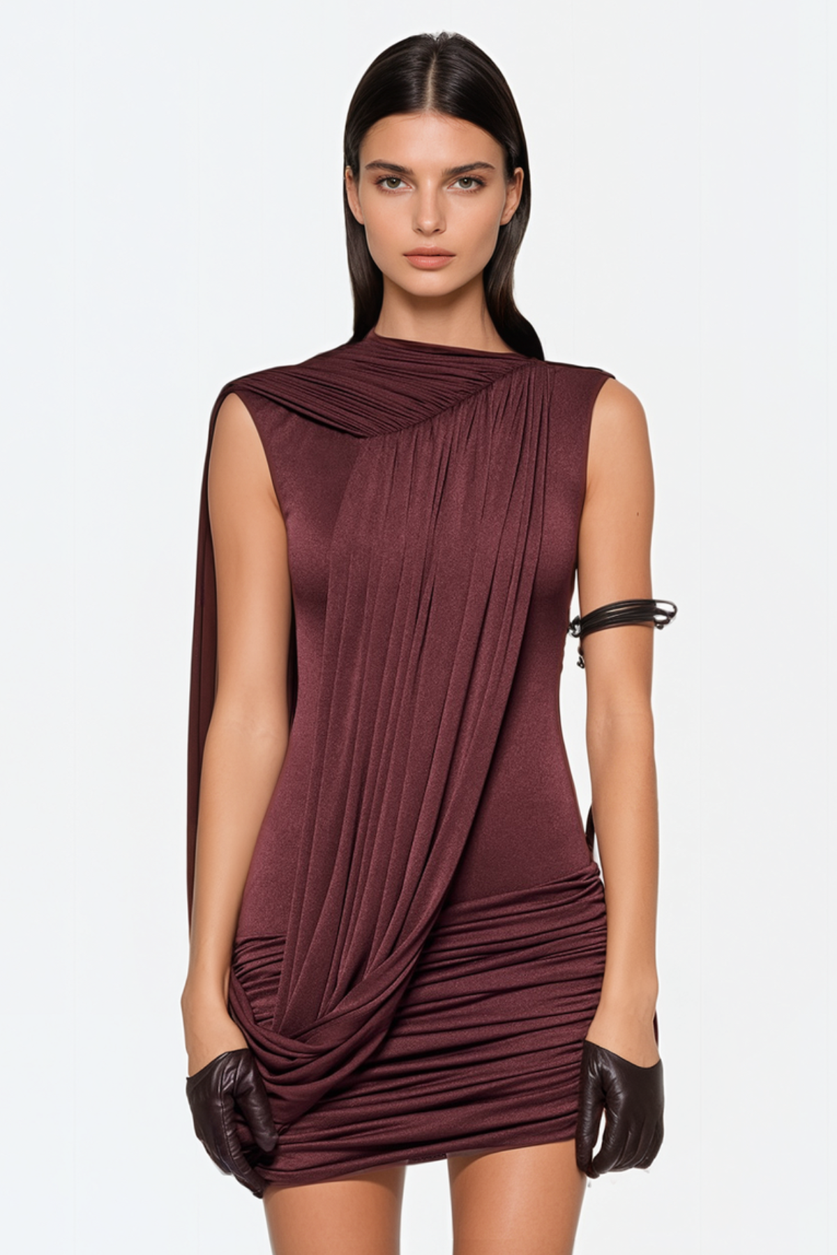 Ravenna Sleeveless Draped Mini Dress - Brown