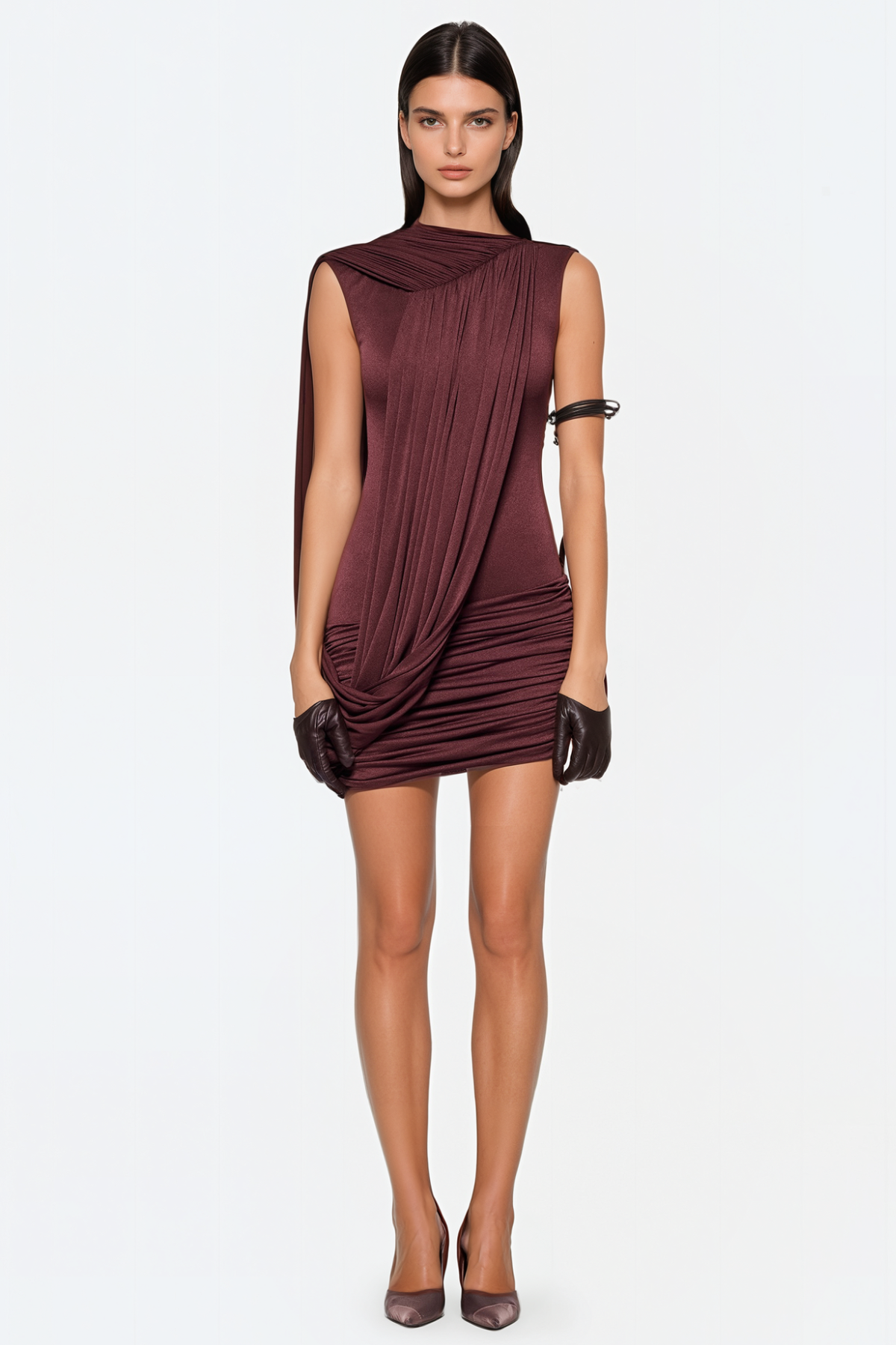 Ravenna Sleeveless Draped Mini Dress - Brown