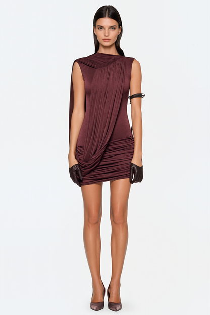 Ravenna Sleeveless Draped Mini Dress - Brown