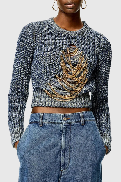 Reeda Chain Embellished Distressed Sweater