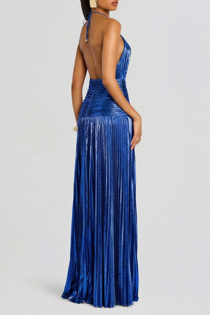 Reinel Halter Metallic Pleated Maxi Dress - Blue