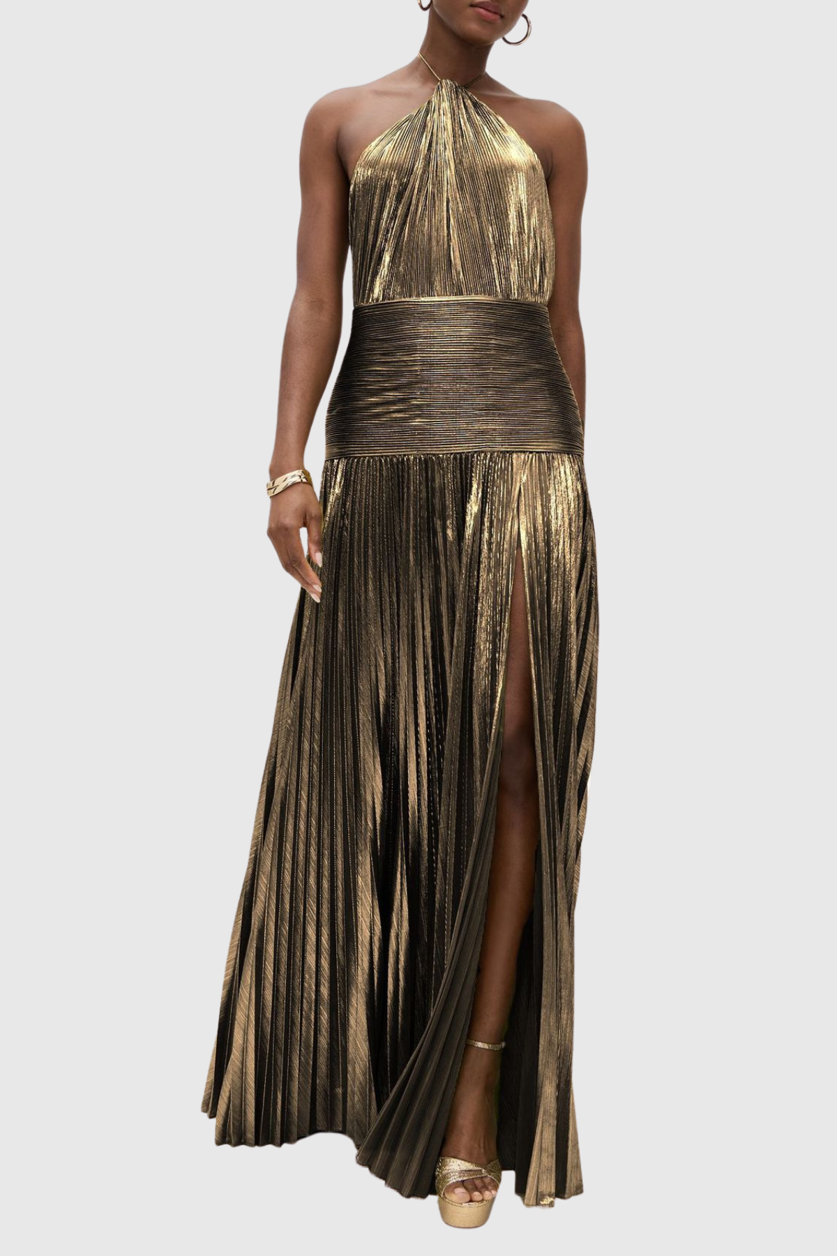 Reinel Halter Metallic Pleated Maxi Dress - Brown