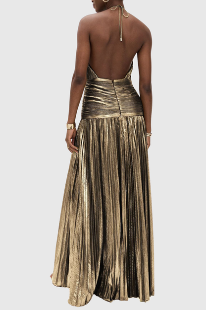 Reinel Halter Metallic Pleated Maxi Dress - Brown