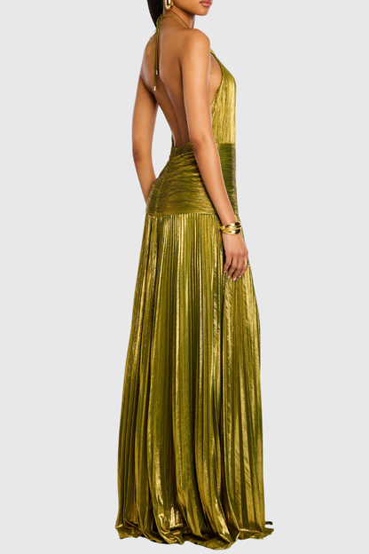 Reinel Halter Metallic Pleated Maxi Dress - Gold