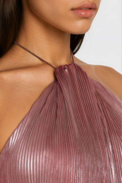 Reinel Halter Metallic Pleated Maxi Dress - Pink