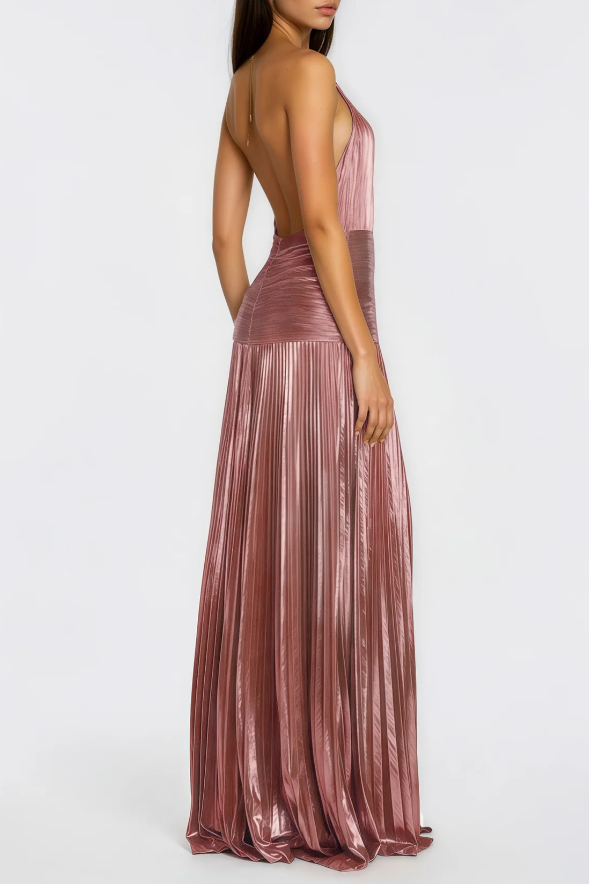Reinel Halter Metallic Pleated Maxi Dress - Pink