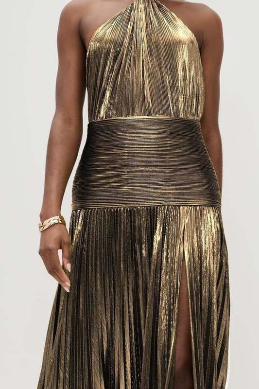 Reinel Halter Metallic Pleated Maxi Dress - Brown