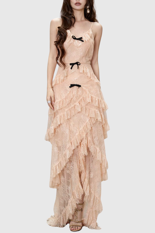 Remaoa Bow Lace Ruffle Maxi Dress - Beige
