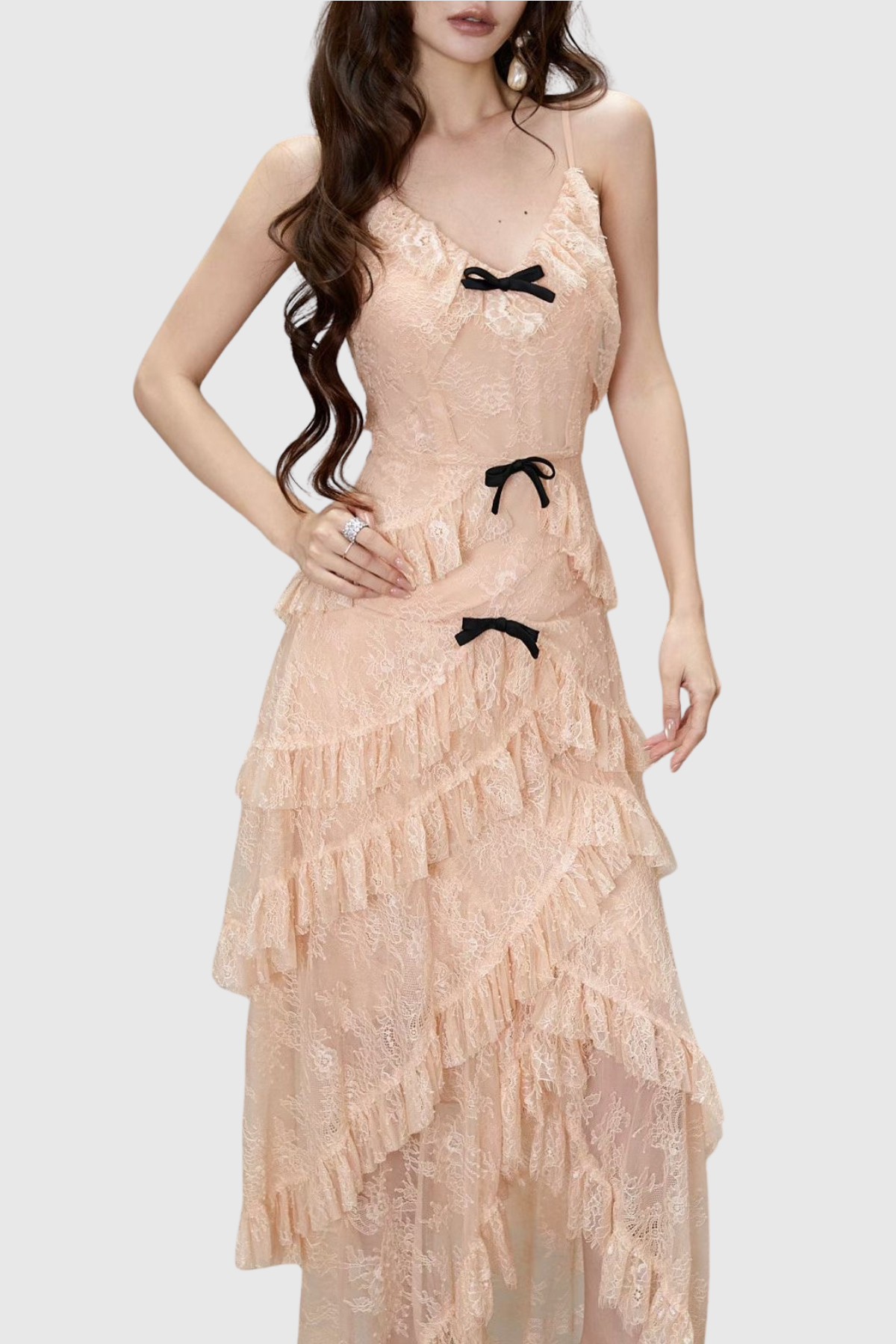 Remaoa Bow Lace Ruffle Maxi Dress - Beige