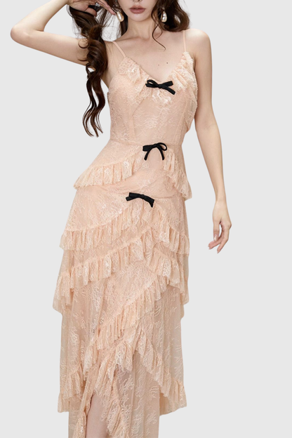 Remaoa Bow Lace Ruffle Maxi Dress - Beige