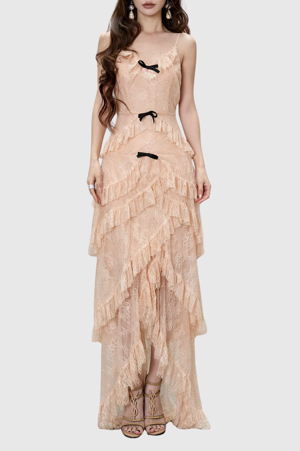 Remaoa Bow Lace Ruffle Maxi Dress - Beige