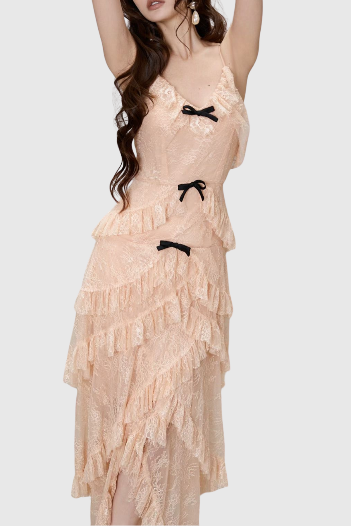 Remaoa Bow Lace Ruffle Maxi Dress - Beige
