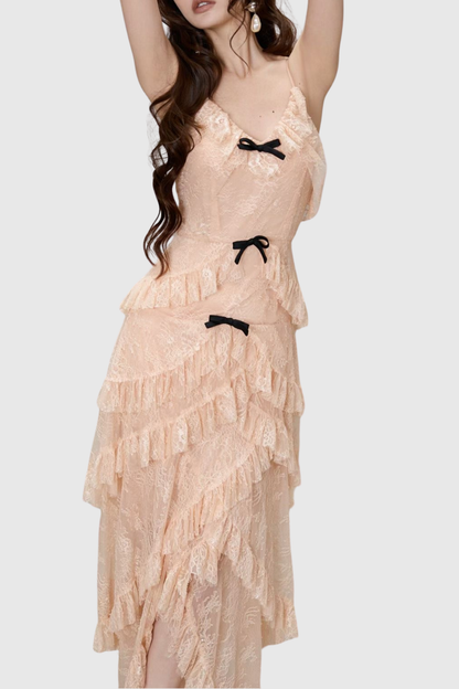 Remaoa Bow Lace Ruffle Maxi Dress - Beige