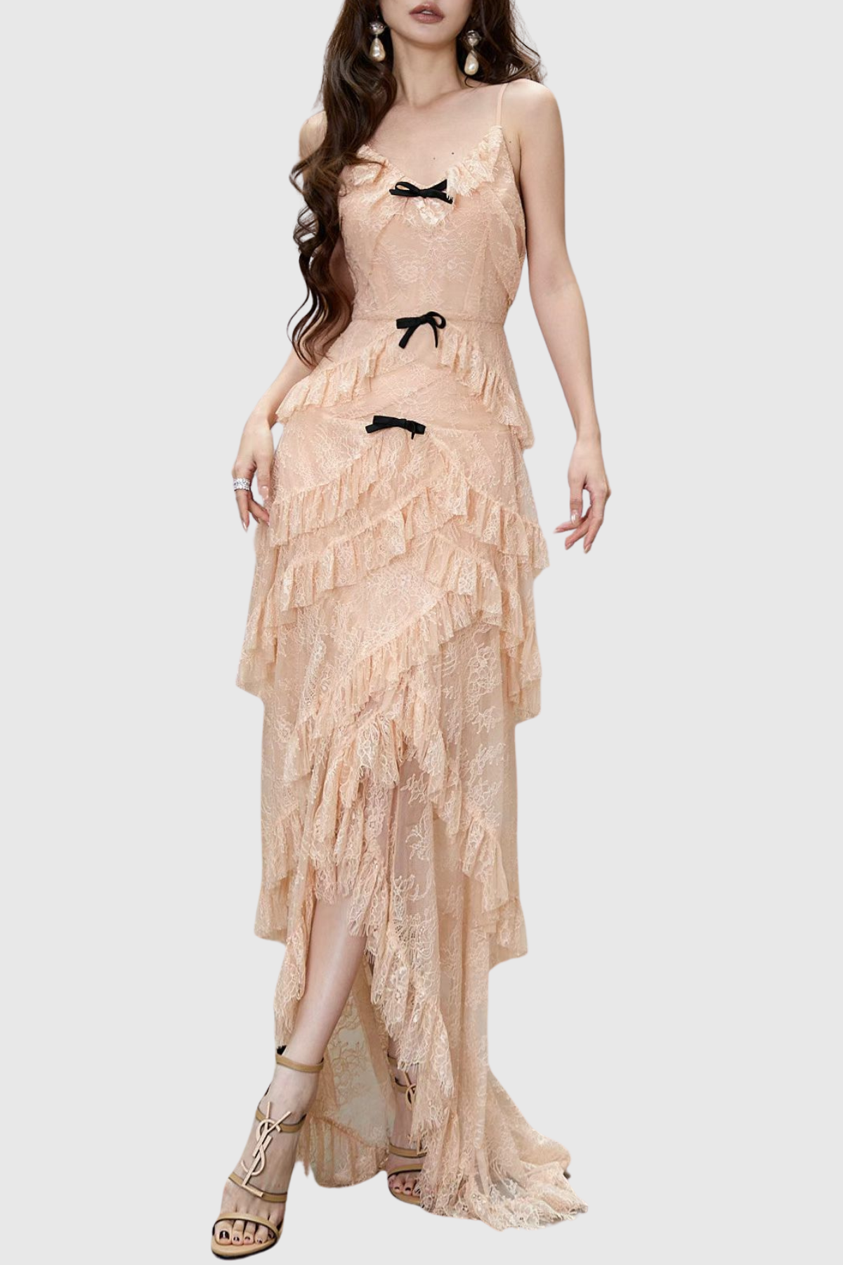 Remaoa Bow Lace Ruffle Maxi Dress - Beige