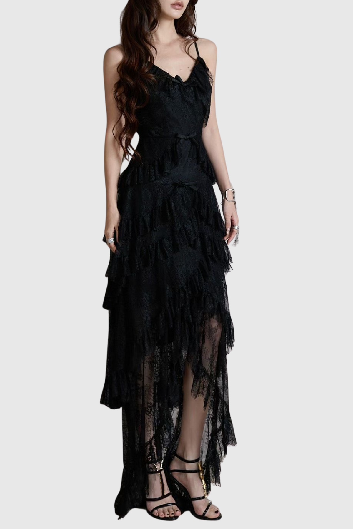 Remaoa Bow Lace Ruffle Maxi Dress - Black