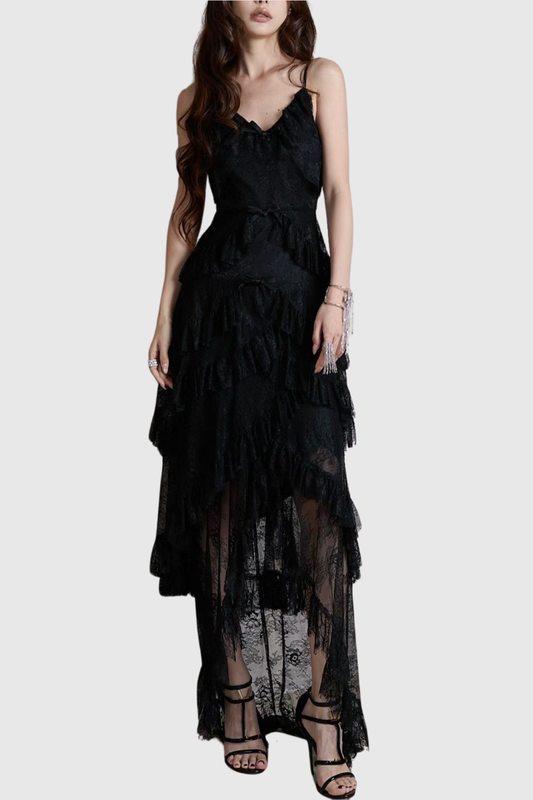 Remaoa Bow Lace Ruffle Maxi Dress - Black