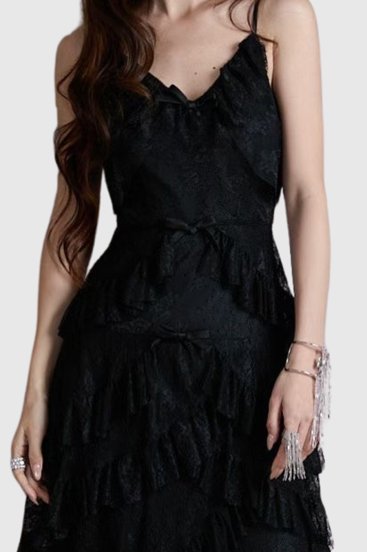 Remaoa Bow Lace Ruffle Maxi Dress - Black
