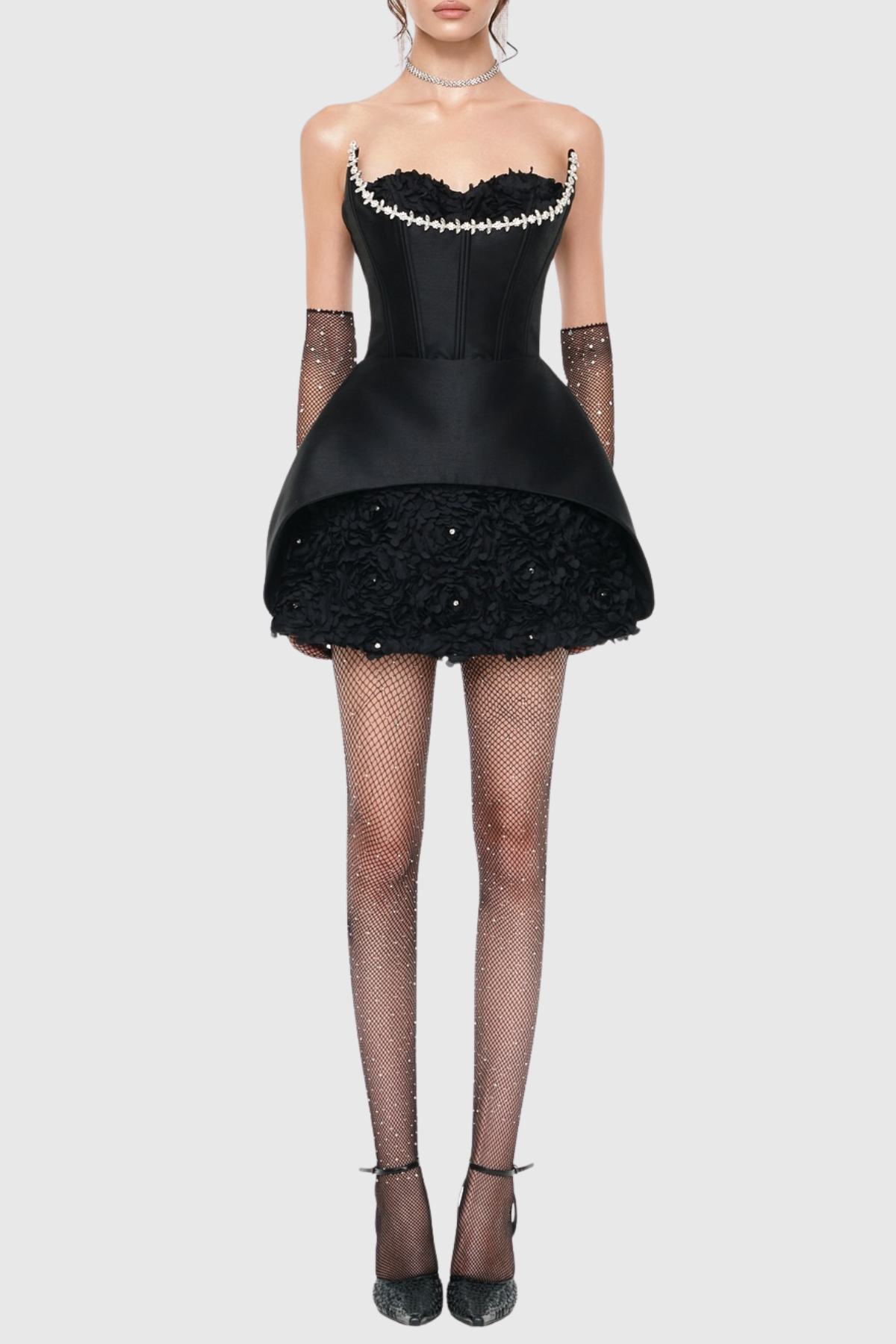 Remiel Floral Crystal Strapless Mini Dress - Black