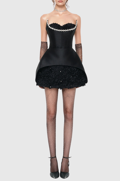 Remiel Floral Crystal Strapless Mini Dress - Black