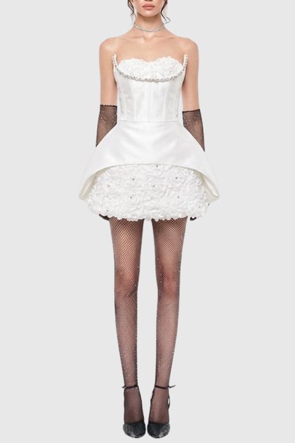 Remiel Floral Crystal Strapless Mini Dress - White
