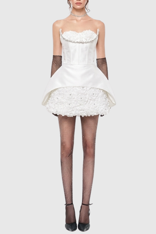 Remiel Floral Crystal Strapless Mini Dress - White