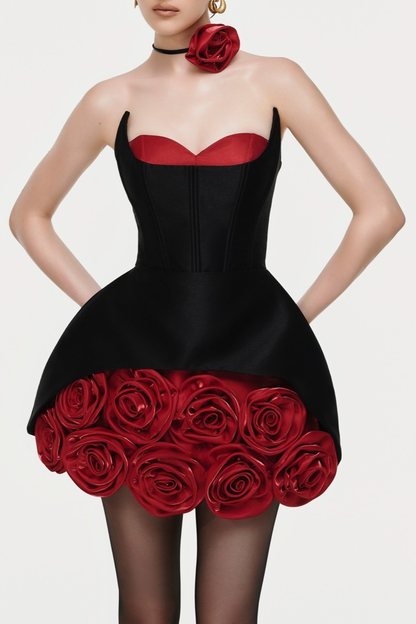 Remiel Strapless Rose Appliqué Corset Mini Dress - Red