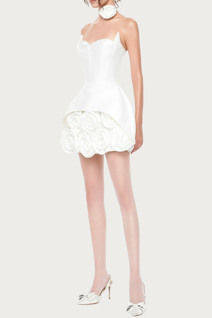 Remiel Strapless Rose Appliqué Corset Mini Dress - White