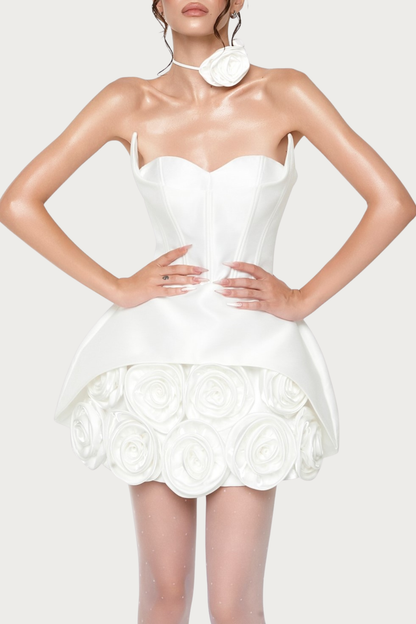 Remiel Strapless Rose Appliqué Corset Mini Dress - White