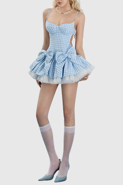Renata Plaid Bow Puffy Mini Dress - Blue