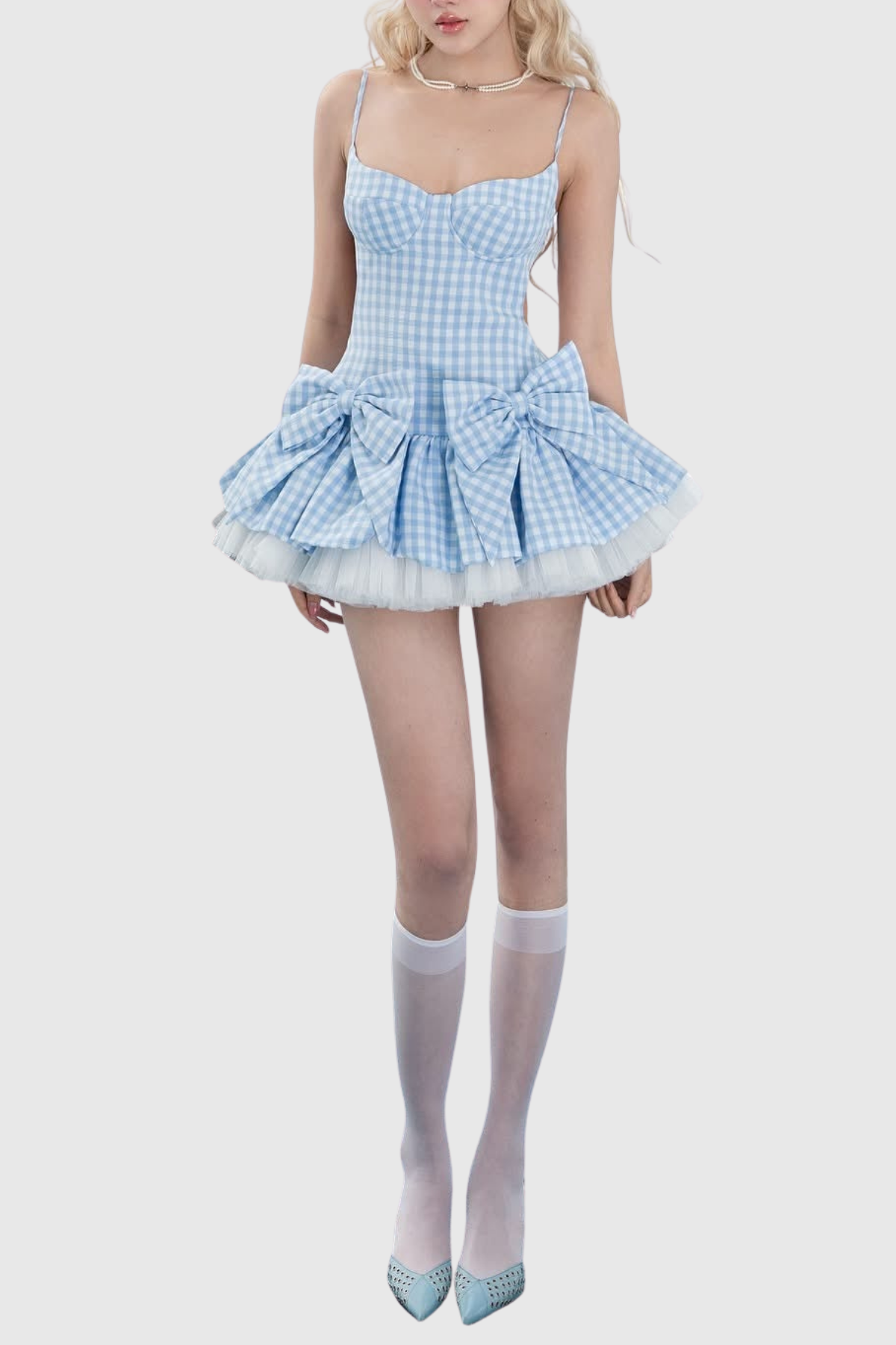 Renata Plaid Bow Puffy Mini Dress - Blue