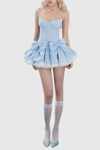 Renata Plaid Bow Puffy Mini Dress - Blue