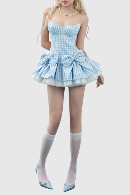 Renata Plaid Bow Puffy Mini Dress - Blue