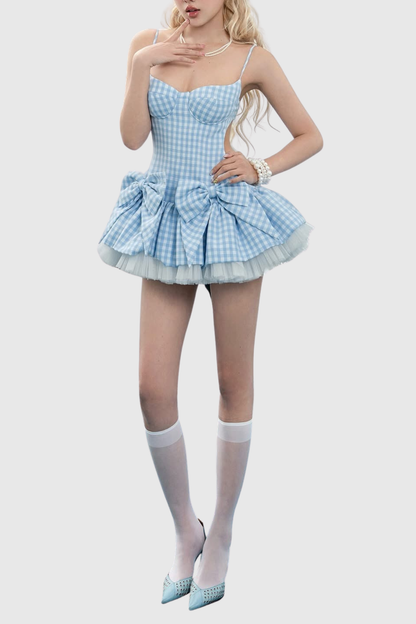 Renata Plaid Bow Puffy Mini Dress - Blue