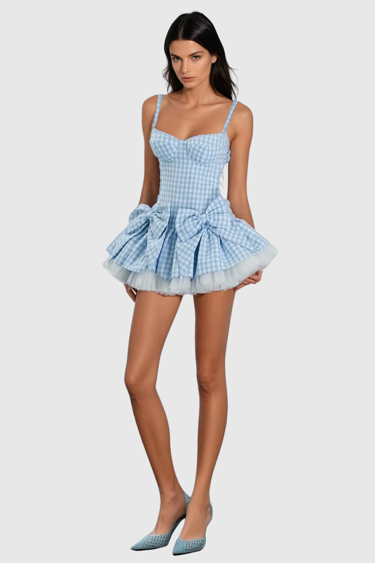 Renata Plaid Bow Puffy Mini Dress - Blue