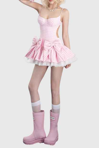 Renata Plaid Bow Puffy Mini Dress - Pink