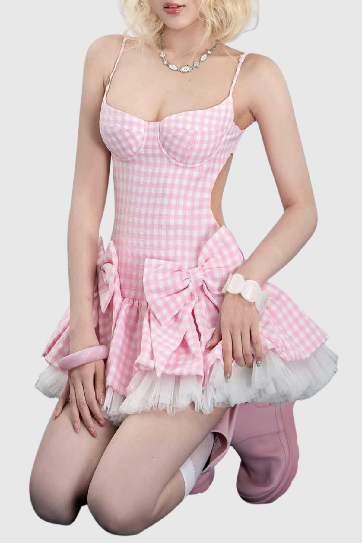 Renata Plaid Bow Puffy Mini Dress - Pink