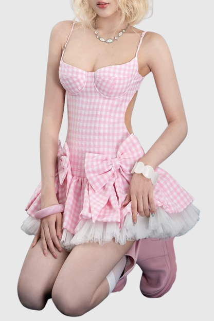 Renata Plaid Bow Puffy Mini Dress - Pink