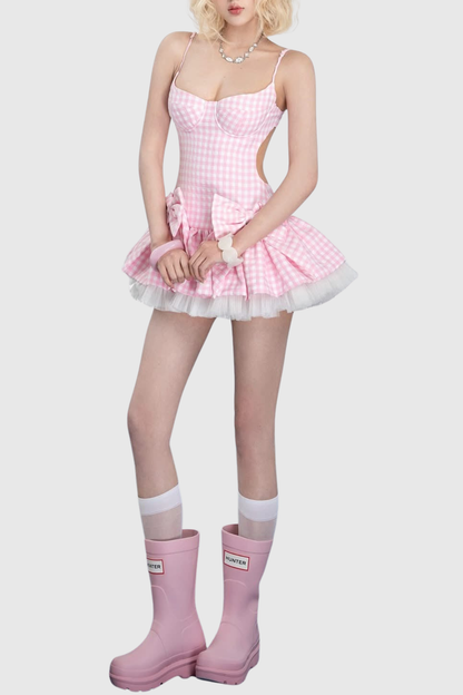 Renata Plaid Bow Puffy Mini Dress - Pink