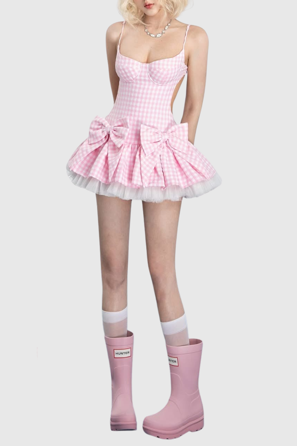 Renata Plaid Bow Puffy Mini Dress - Pink