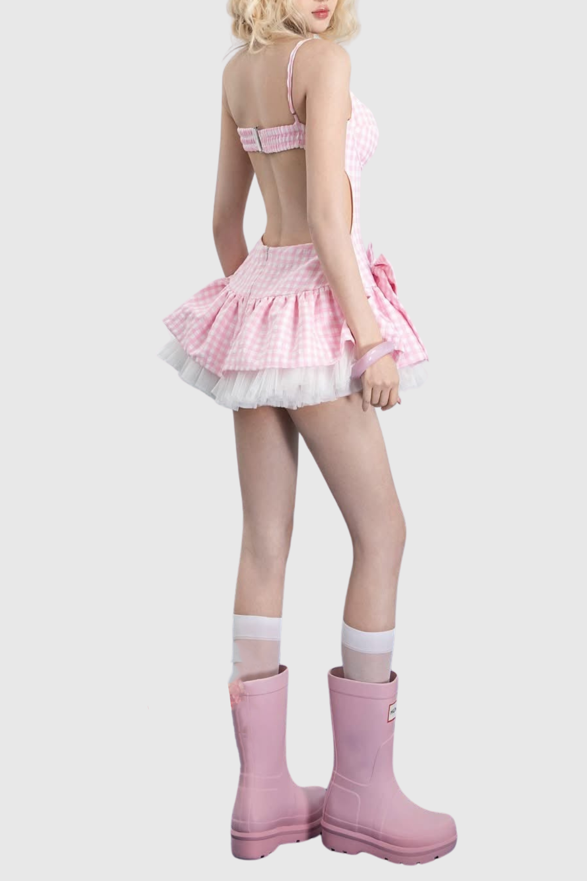 Renata Plaid Bow Puffy Mini Dress - Pink
