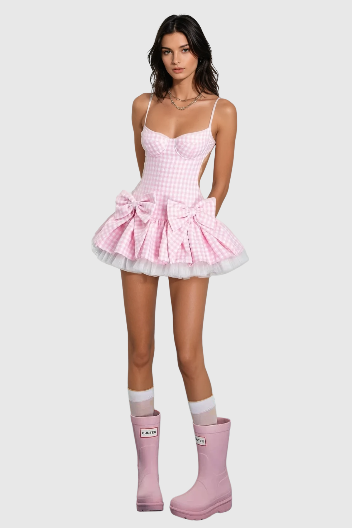 Renata Plaid Bow Puffy Mini Dress - Pink