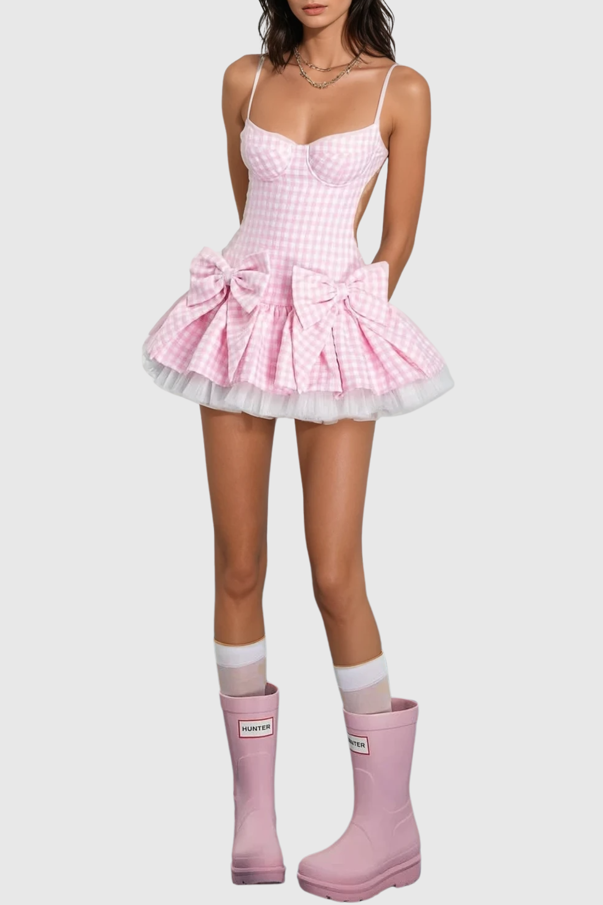 Renata Plaid Bow Puffy Mini Dress - Pink