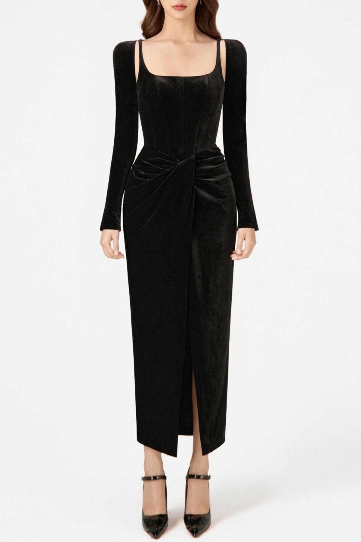 Renwick Velvet Corset Midi Dress - Black