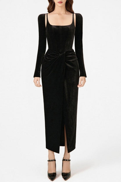 Renwick Velvet Corset Midi Dress - Black