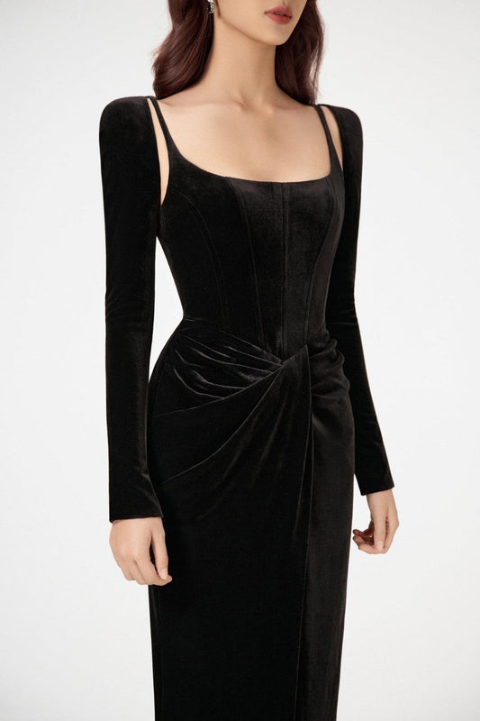 Renwick Velvet Corset Midi Dress - Black