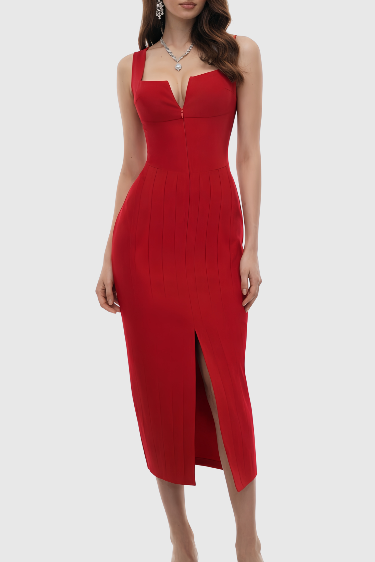 Reseda Front Zip Corset Midi Dress - Red
