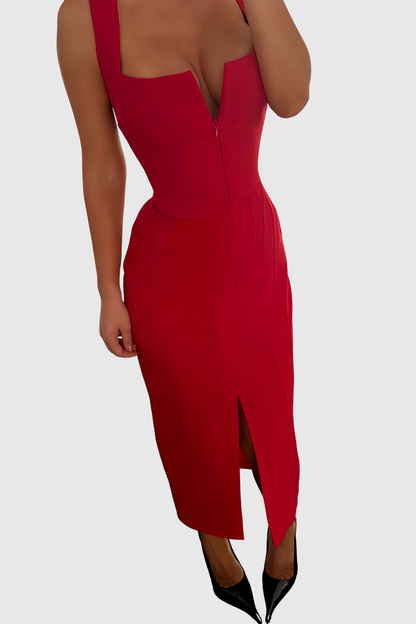 Reseda Front Zip Corset Midi Dress - Red