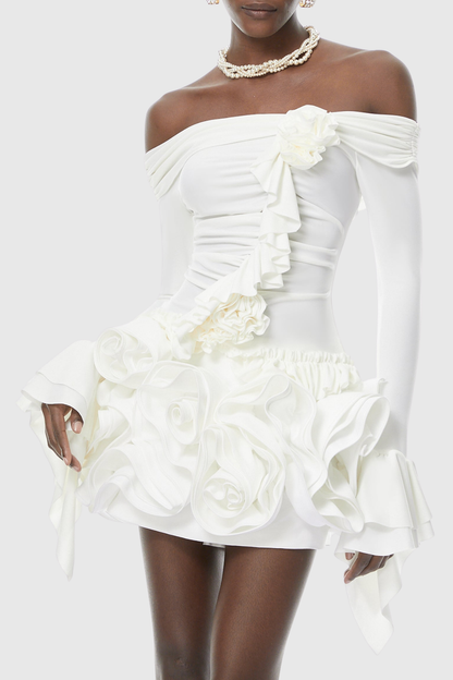 Rinra Off Shoulder Floral Ruched Mini Dress